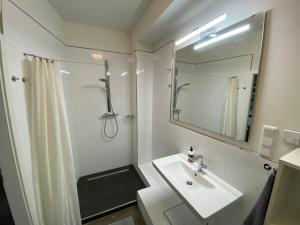 een badkamer met een wastafel, een douche en een spiegel bij Atelier-Ferienwohnung in Mülheim an der Ruhr