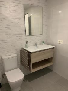 ein Badezimmer mit einem WC, einem Waschbecken und einem Spiegel in der Unterkunft APARTAMENTO ENCANTO II in Conil de la Frontera