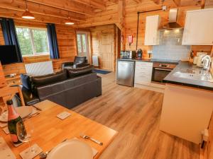 a kitchen and living room in a log cabin at Curlew in Barnard Castle