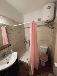 a bathroom with a pink shower curtain and a sink at Panorama Studio Afetes in Afétai