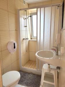 a bathroom with a shower and a sink and a toilet at Orka Wakacje in Dźwirzyno