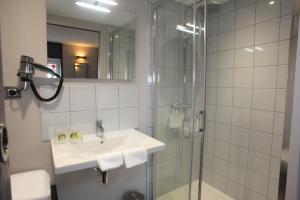 La salle de bains est pourvue d'un lavabo et d'une douche. dans l'établissement LOGIS Hotel-Restaurant Le Relais d'Aligre, à Châteauneuf-en-Thymerais