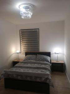 Apartament Flover في يلينيا غورا: غرفة نوم مع سرير مع مصباحين على طاولتين