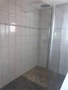 La salle de bains est pourvue d'une douche avec une porte en verre. dans l'établissement Gite du Meunier, à Voegtlinshoffen