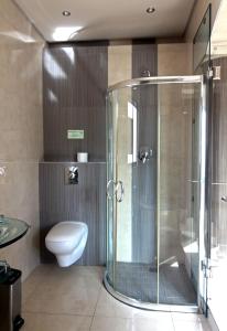 een badkamer met een glazen douche en een toilet bij Qamaras in Kaapstad