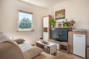 uma sala de estar com um sofá e uma televisão em Apartment Radeki Glavica 112b em Loborika