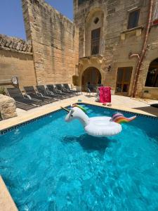 einen Pool mit einem aufblasbaren Schwan im Wasser in der Unterkunft Birbuba House 2 in Għarb