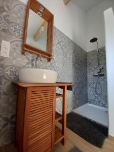 a bathroom with a sink and a shower at Pourquoi pas Au Canard in Jurbise