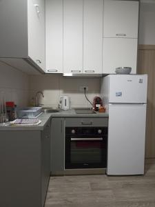 una cucina con armadietti bianchi, piano cottura e frigorifero di Stančić kraj Morave a Čačak