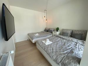 um quarto com 2 camas e uma televisão de ecrã plano em Central Apartment with Panorama Rooftop & Free Parking em Arhus