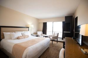 a hotel room with a large bed and a desk at North Star Inn & Suites in Prince George