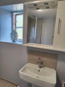a bathroom with a sink and a mirror at The Lampet Arms in Banbury