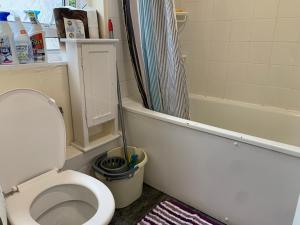 a bathroom with a toilet and a bath tub at Amazing and Lovely 2- Bedroom First Floor Flat in London