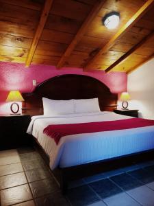 1 dormitorio con 1 cama grande y techo de madera en Hotel Antigua en San Cristóbal de Las Casas