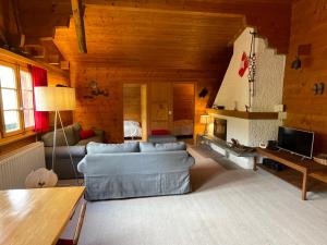 a living room with a couch and a fireplace at Chalet Singlinaz in Zinal