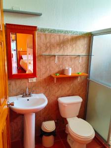 a bathroom with a toilet and a sink and a mirror at Apartahotel Playa Luna in Uvita