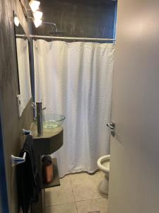 uma casa de banho com uma cortina de chuveiro e um WC em Apartamento para 3 Personas em San Juan