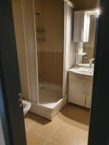 y baño con ducha, aseo y lavamanos. en Mükemmel Konumda Lüx Business Concept Daire en Sivas