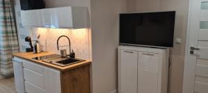 una cucina con lavandino e una TV a schermo piatto di Neu Schweizerhaus 29 a Karpacz