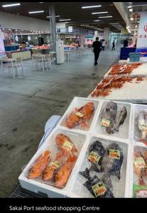 a seafood store with several trays of seafood on display at Da Fern in Sakaiminato