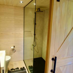a shower with a glass door in a bathroom at 'ARE PEPE one bedroom container style unit in Rarotonga