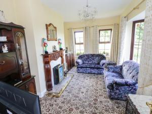 a living room with a couch and a fireplace at Belladrihid Cottage in Ballysadare