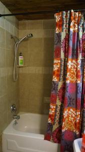 - un rideau de douche dans la salle de bains pourvue d'une baignoire dans l'établissement Harper Two Bedroom House in Historic Loveland, à Loveland