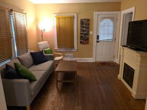 a living room with a couch and a fireplace at Ohio Ave 3 bed house Historic Downtown Loveland in Loveland