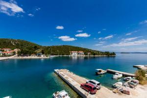 un groupe de bateaux garés à un quai dans l'eau dans l'établissement Apartments by the sea Zaglav, Dugi otok - 12504, à Sali