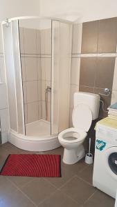 ein Bad mit einer Dusche, einem WC und einer Waschmaschine in der Unterkunft Apartments by the sea Viganj, Peljesac - 12564 in Kučište