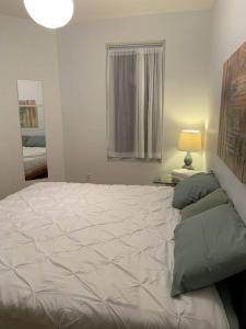 Un dormitorio con una cama grande y una ventana en BIG 3BR appartment at Olympic Stadium at PIE-IX Metro station, en Montreal