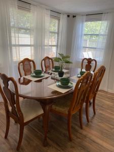 a dining room table with chairs and a plant on it at Cozy 3-bed home close to beautiful beaches. in New Port Richey