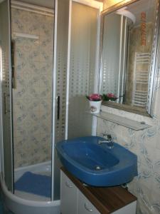 a bathroom with a blue sink and a shower at Apartments with a parking space Samobor, Prigorje - 12869 in Samobor