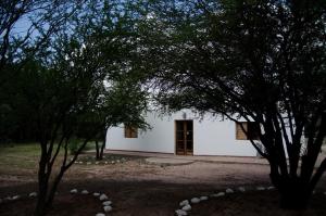 a white building with a door and some trees at El Zorro Gris in Tinogasta
