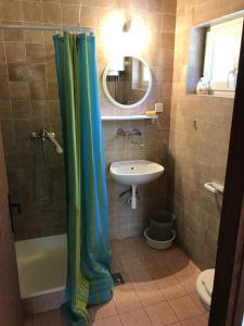 uma casa de banho com uma cortina de chuveiro e um lavatório em Apartments and rooms by the sea Gradac, Makarska - 13179 em Gradac
