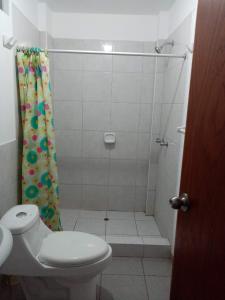 La salle de bains est pourvue d'une douche, de toilettes et d'un rideau de douche. dans l'établissement Departamentos Cerro Azul P2, à Cerro Azul