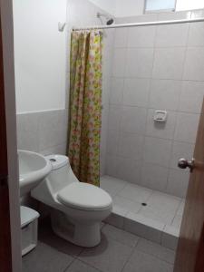 La salle de bains blanche est pourvue d'une douche et de toilettes. dans l'établissement Departamentos Cerro Azul P2, à Cerro Azul