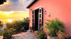 una casa rosa con una puerta y algunas plantas en Agriturismo Nappi - Azienda Agricola Piano delle Vigne, en Praia a Mare