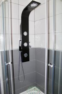 um chuveiro com uma porta de vidro e uma cabeça de chuveiro em Apartments with a parking space Bilice, Krka - 13545 em Sibenik