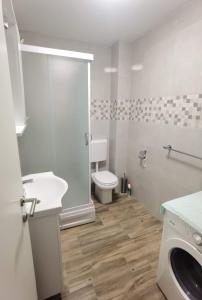 La salle de bains est pourvue de toilettes, d'un lavabo et d'une douche. dans l'établissement Apartments with a parking space Zavalatica, Korcula - 9690, à Zavalatica