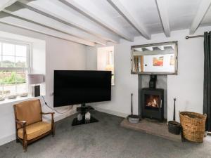 sala de estar con TV de pantalla plana y chimenea en Box Tree Farm House en Lancaster