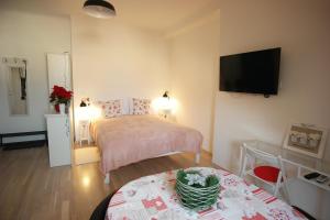 ein Schlafzimmer mit einem Bett und einem TV an der Wand in der Unterkunft Apartments with WiFi Zagreb - 14588 in Zagreb
