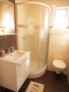 ein Bad mit einer Dusche, einem Waschbecken und einem WC in der Unterkunft Apartments by the sea Orebic, Peljesac - 14767 in Orebić