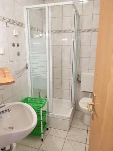 a bathroom with a shower and a sink and a toilet at Apartments and rooms by the sea Stanici, Omis - 14782 in Omiš