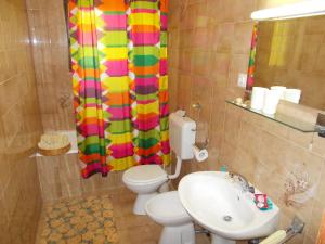 a bathroom with a toilet and a sink and a shower curtain at Apartments for families with children Pasman - 14788 in Mali Pašman