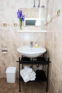 a bathroom with a sink and a mirror and towels at Apartment Zuljana 12058b in Žuljana