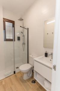 La salle de bains blanche est pourvue d'une douche et de toilettes. dans l'établissement Córdoba Suites Apartments, à Cordoue