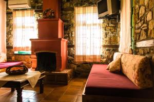 a living room with a couch and a fireplace at Platanorema in Agios Ioannis Prodromos