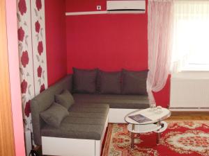 een woonkamer met een bank en een rode muur bij Twin Room Knezevi Vinogradi 15024d in Kneževi Vinogradi