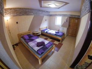 2 camas en una habitación con sábanas moradas en Penzión Farmárik en Bolešov